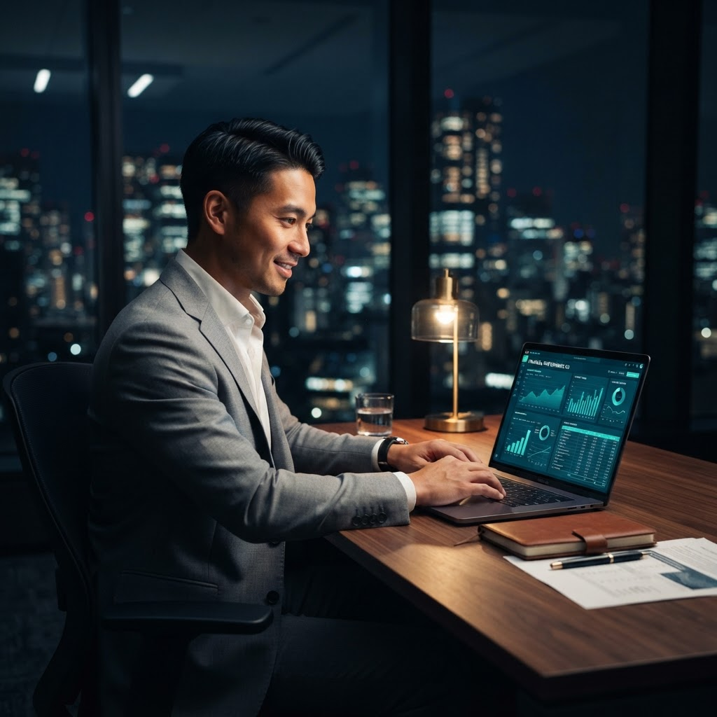 A senior CFO reviewing financial dashboards