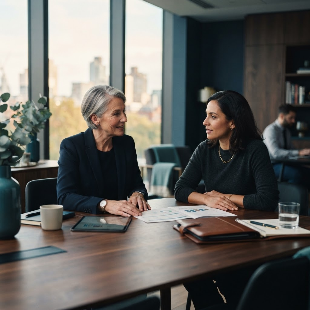 A senior CFO advisor meeting with a small business owner