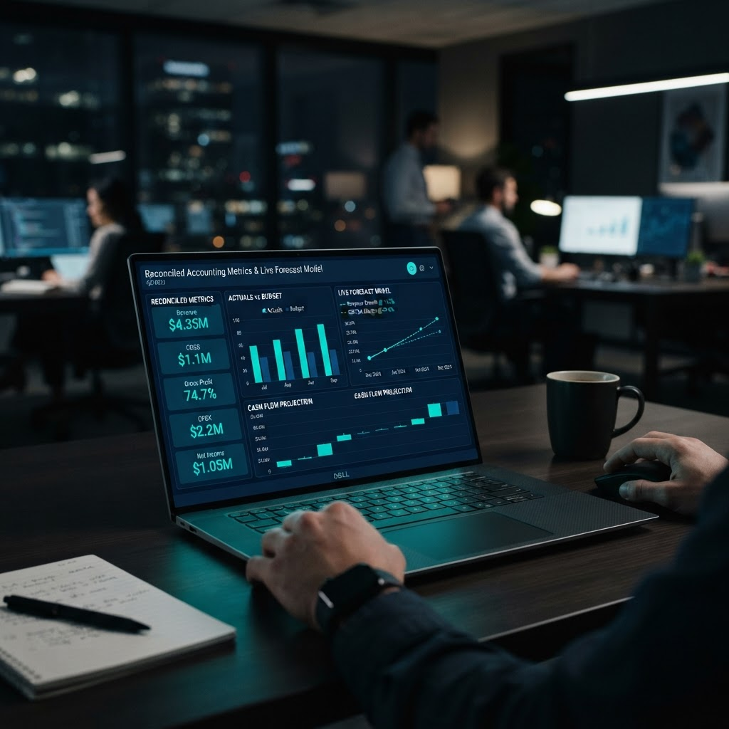 A live financial dashboard and forecast model on a laptop