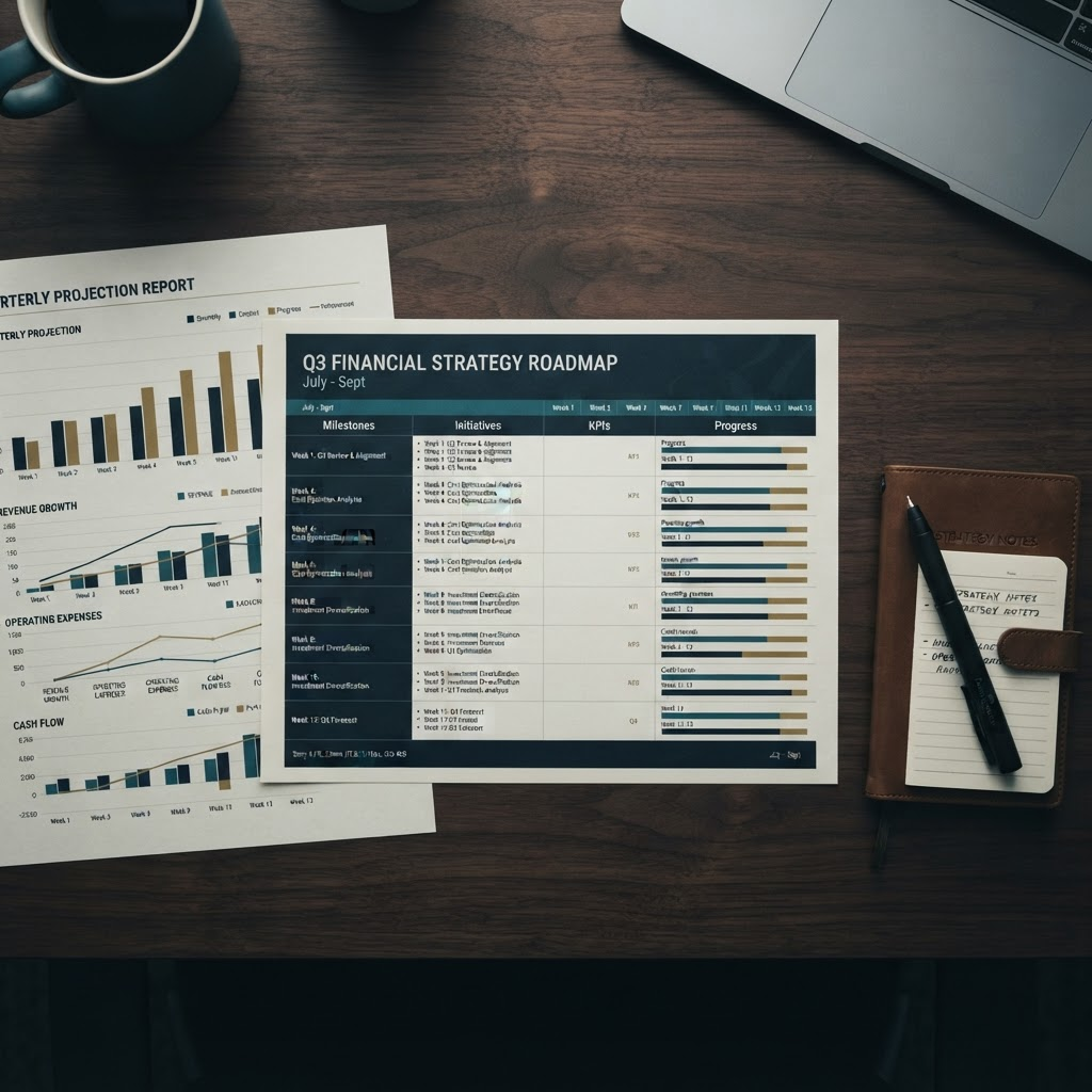 A printed 90-day financial roadmap with charts on a desk