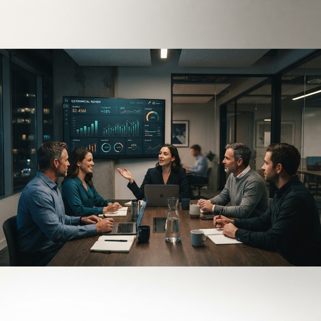 A team in a weekly business review looking at financial dashboards